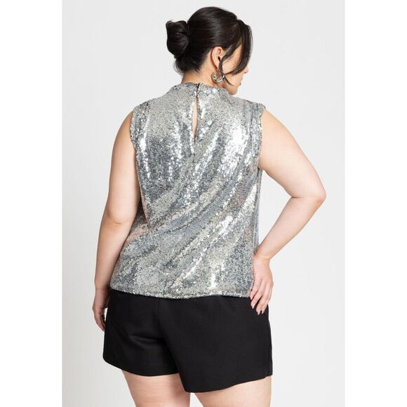 Eloquii Silver Sequin Shoulder Shirred Mockneck Top Size 22/24 - Picture 3 of 6